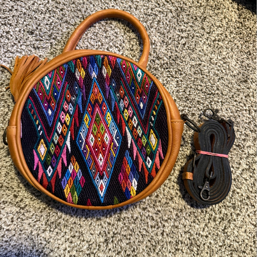 Colorful Round Woven Handbag with Leather Trim